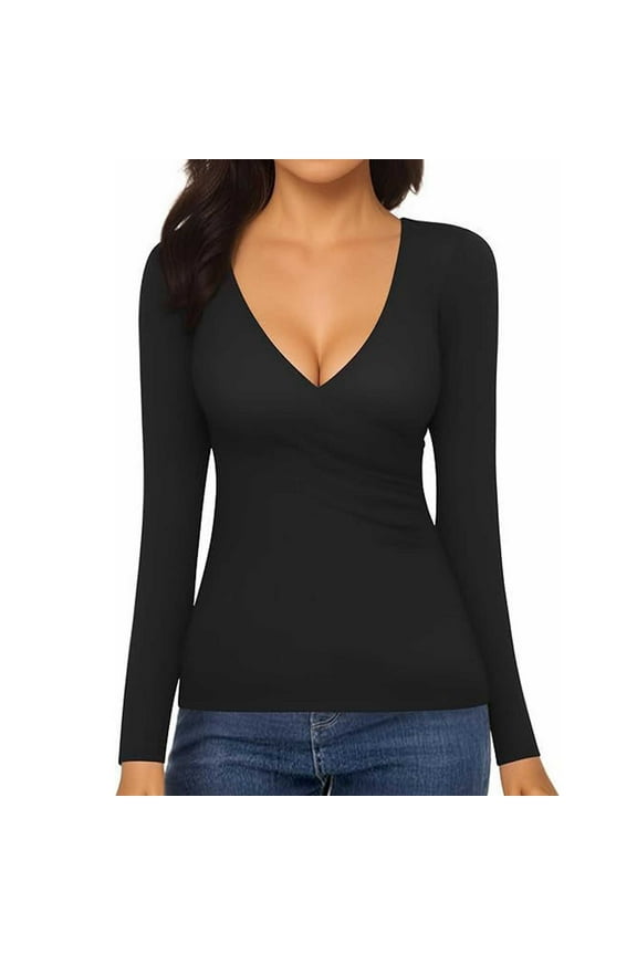 Women's Wrap Ruched Deep V Neck Slim Fit Long Sleeve T Shirt Tunic Tops for Casual Fall Wear Black Black