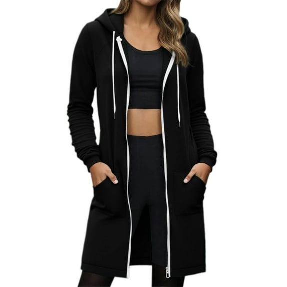 UJNDER Women's Zip Up Hoodies Long Line Drawstring Pocket Jacket Style Pullover Long Sleeve Winter Black M