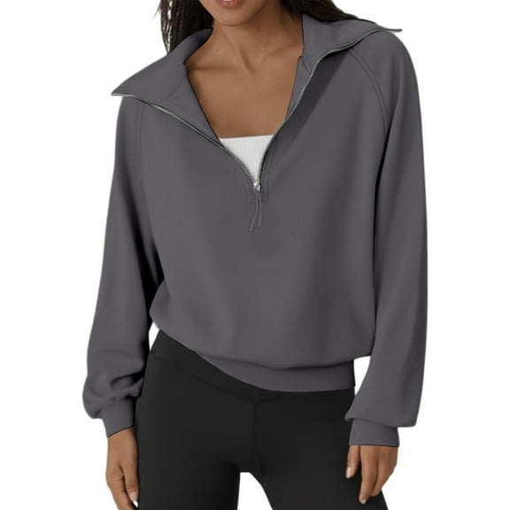 UJNDER Women's Zip Up Sweatshirt Solid Color Stand Collar Cropped Pullover Long Sleeve Casual Dark Gray M