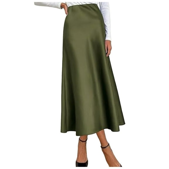 UJNDER Womens Elegant High Waist Skirt Solid Satin Dress Elastic Waist Comfortable Womens Skirts Army Green L