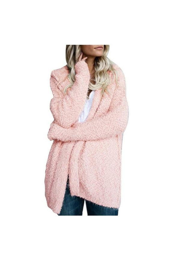 Womens Jacket Long Sleeve Cardigan Loose Sweater Hooded Solid Fuzzy Coat Casual Top Open Front Pink XXXL