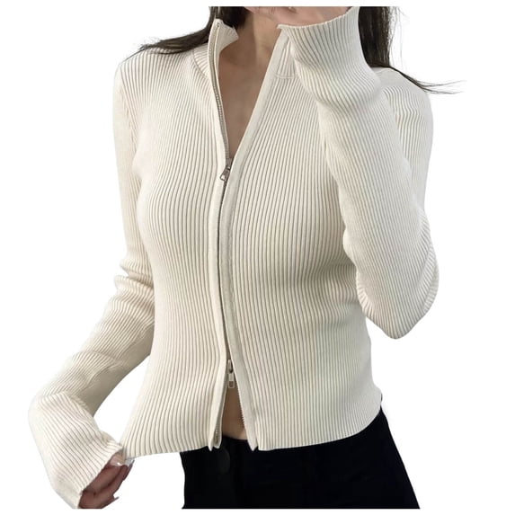 UJNDER Womens Jacket Stand Up Collar Striped Double Zip Sweater Tight Stretch Top Long Sleeve Beige M