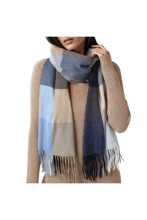 Womens Long Plaid Blanket Winter and Fall Warm Scarf Big Tartan Scarves Wrap Shawl for Cozy Comfort Navy