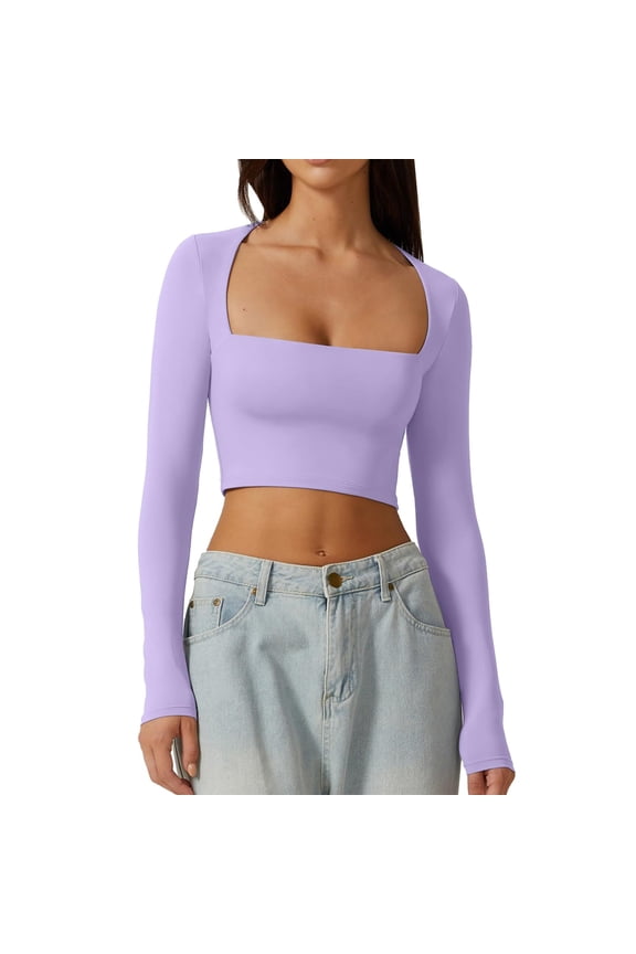 Womens Square Neck Open Umbilical Top Long Sleeve Slim Fit Short T Shirt Crop Tops for Women Purple S