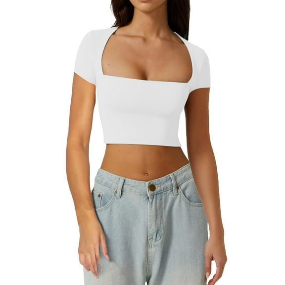 UJNDER Womens Square Neck Open Umbilical Top Short Sleeve Slim Fit Short T Shirt Crop Tops for Women White M