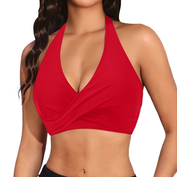 UJNDER Womens Swim Tops Padded Bikini Top with V Neck Full Coverage and Adjustable Straps for Beach Pool Bathing Suit Tops for Women Red XL