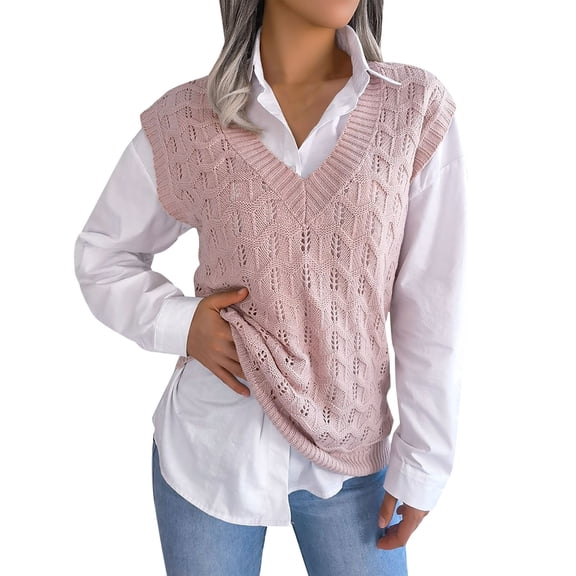UJNDER Womens V Neck Sleeveless Knitted Vest College Style Pullover Sweater Sweater Vest Pink M