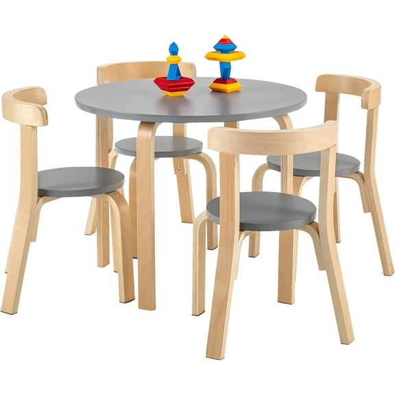 UJOYPAYD 5-Piece Kids Table Chair Set, Bentwood Toddler Round Table & 4 Chairs,Wooden Activity Table W/Curved Back Chairs,Children Furniture Set for Playing, Craft Art, Drawing, Reading (Gray)