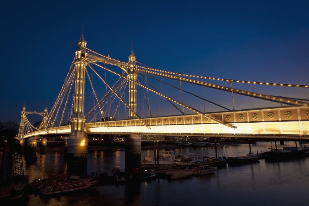 UK England Albert Bridge at night London Canvas Art - Dosfotos Design Pics (19 x 12)