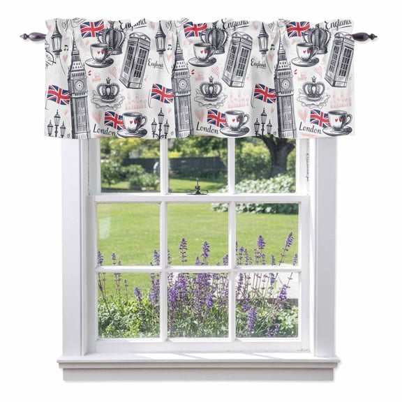 UK Flags London Crown Valances for Windows,Kitchen Valance Rod Pocket Short Curtain, Abstract Coffee Red Love Valance Curtain Window Valances for Bedroom Bathroom Living Room 42x12in