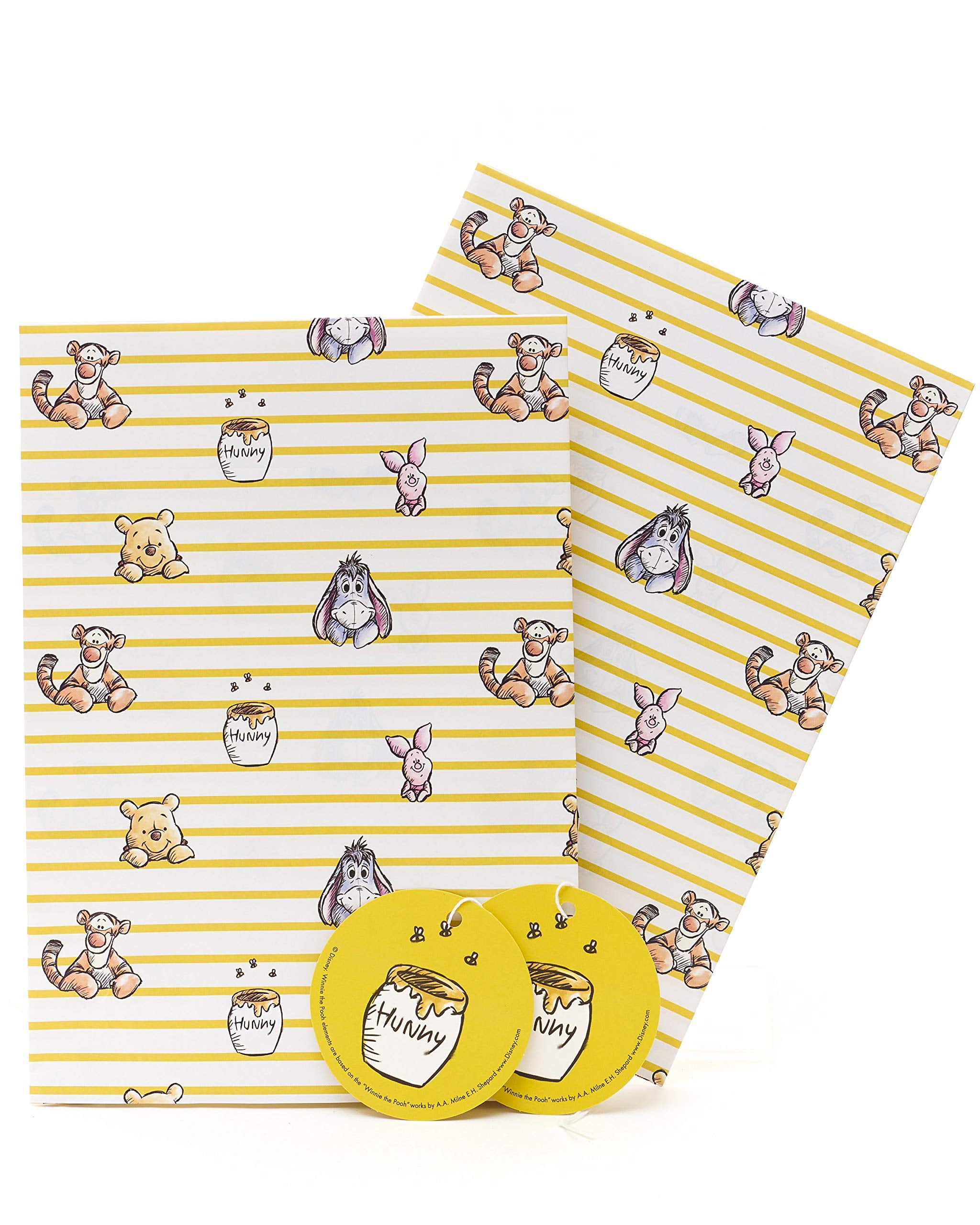 UK Greetings Wrapping Paper TMA3for Kids - Winnie The Pooh Birthday Gift, 2 Sheets & 2 Tags