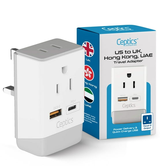 UK Ireland Hong Kong Plug Adapter, Ceptics International Power Plug with USB & USB-C - 2 USA Socket, QC 3.0 & PD - Type G Outlet Adapter for USA to British England Scotland London - Fast Charging