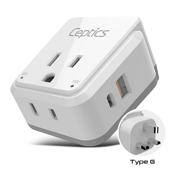 UK, Ireland Power Adapter Travel by Ceptics, Safe Dual USB & USB-C 3.1A - 2 USA Socket - Compact & Powerful - Use in Hong Kong, England, Dubai, Saudi Arabia - Includes Type G Swadapt Attachments