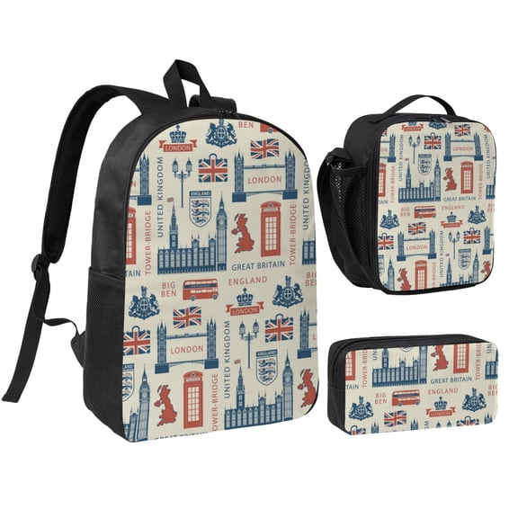 UK London British England 17-inch Laptop Backpack 3-Piece Set with Insulated Lunch Bag and Accessory Pouch, Rucksack for Teens Adults