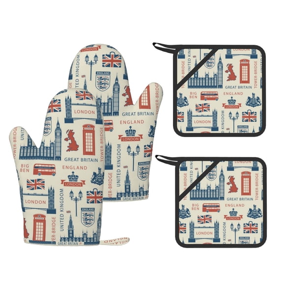 UK London British England 4-Piece Silicone Oven Gloves and Pot Holders Set Hot Pads for Kitchen Cooking BBQ Baking Chefs Cooks
