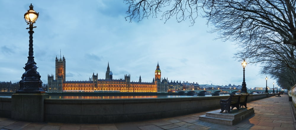 UK Panoramic view of Houses of Parliament at dusk from River Thames London Canvas Art - Adrian Brockwell Design Pics (44 x 20)