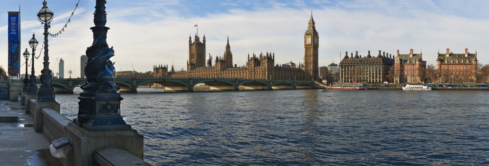 UK Panoramic view of Houses of Parliament from bank of River Thames London Canvas Art - Adrian Brockwell Design Pics (36 x 12)