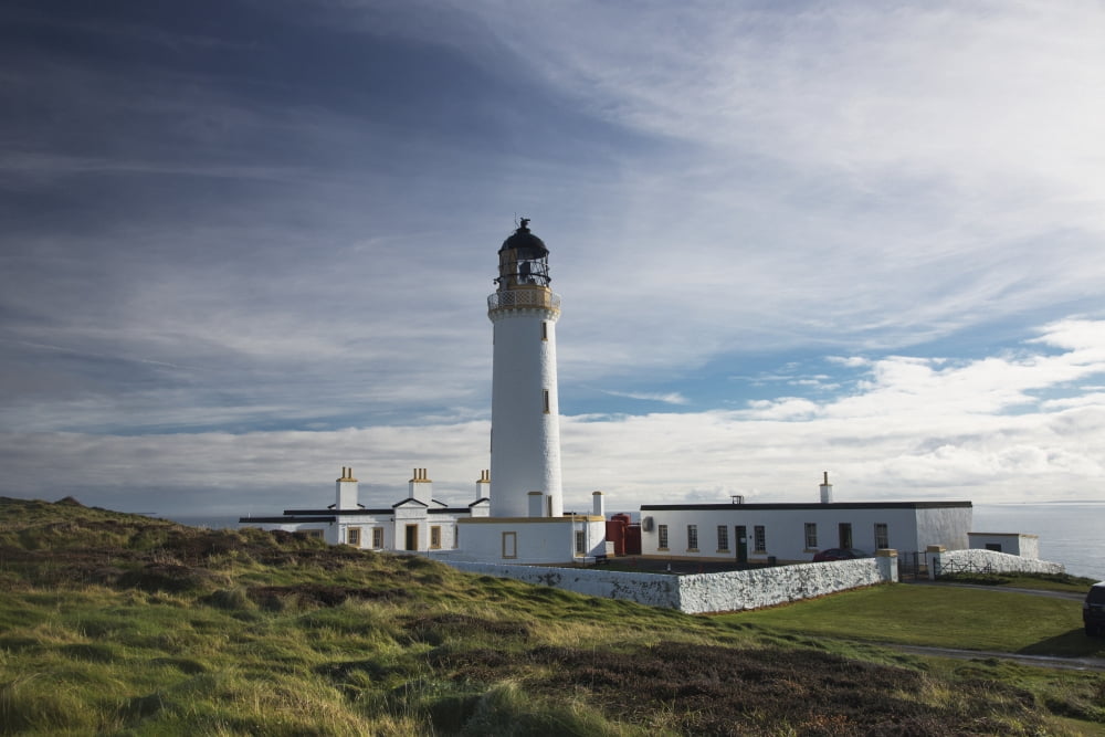 UK Scotland Dumfries and Galloway White lighthouse on coast Canvas Art - John Short Design Pics (19 x 12)
