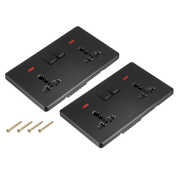 UK US Socket Double Multi Power Outlet Switch Black 250V 13A 146mmx88mm 2 Pcs