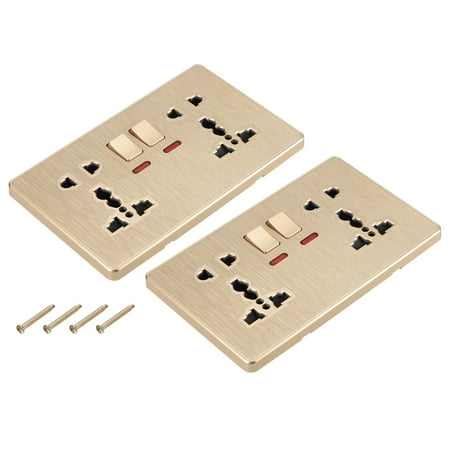 UK US Socket Double Multi Switched Power Outlet Gold Tone 146mmx88mm 2 Pcs