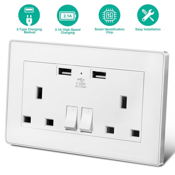 UK Wall Outlet Dual Wall Plug Socket Duplex 2.1A USB Wall Charger with Plug Switch Light Indicator