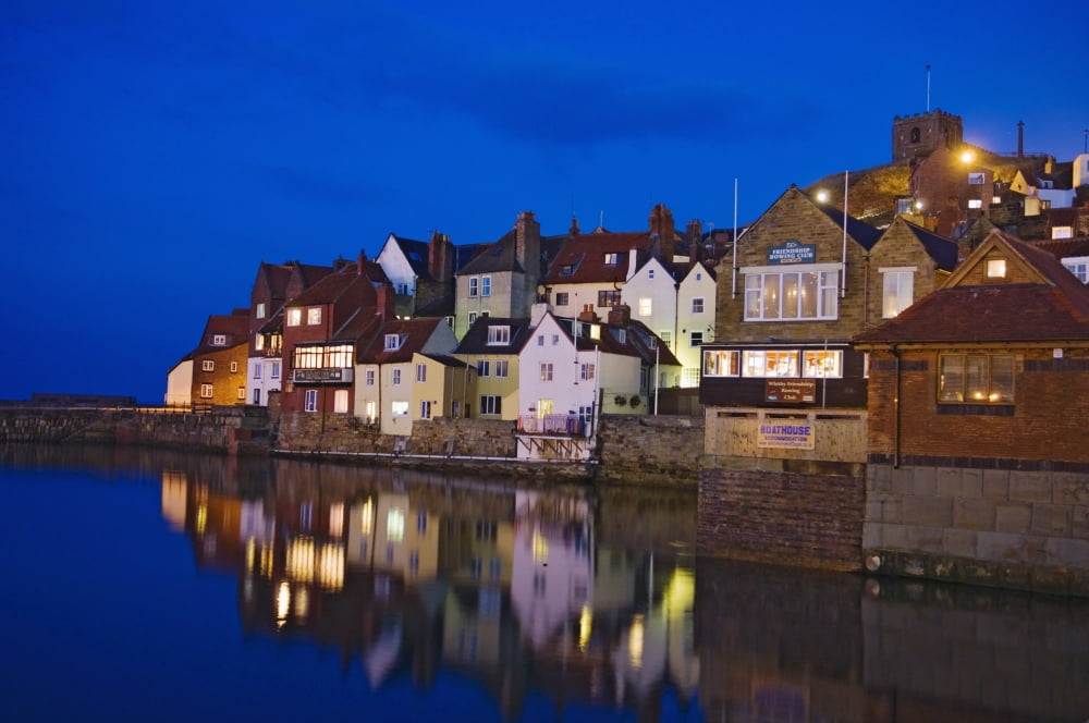 UK Yorkshire Houses reflecting in water at dusk Whitby Canvas Art - Chris Parker Design Pics (19 x 12)