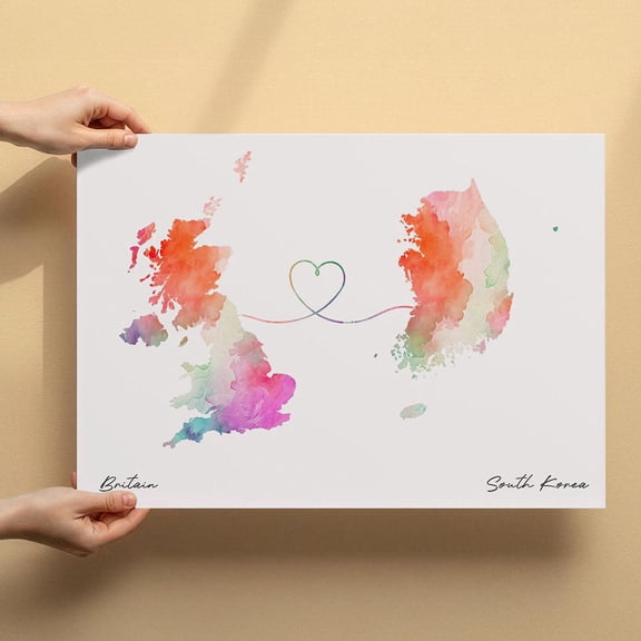 UK to South Korea Map Canvas Wall Art 8x12 inch – UK to South Korea Map Minimalist Canvas Wall Decor – Soft Watercolor Artwork for Modern Home