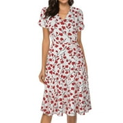 UKAP Boho Women Summer V-Neck Sun Beach Dress Holiday Party Ruffle Sleeve Flowy Dresses Empire Waist Swing Dresses White XL(US 16-18)