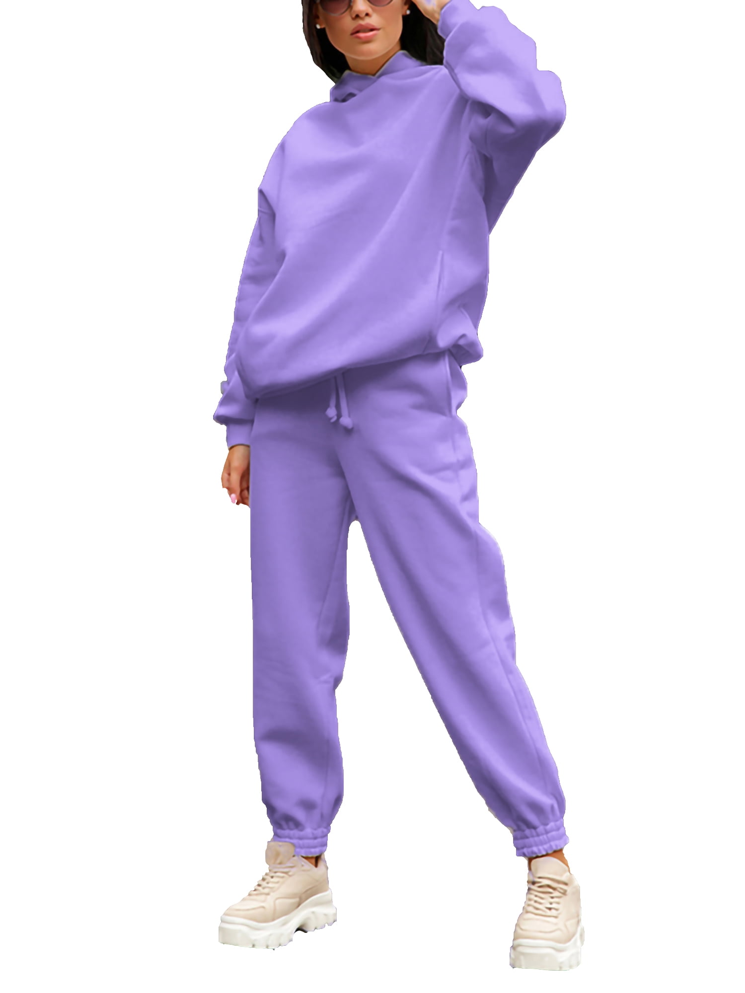 wybzd Women's Casual Hoodies Tracksuit 2 Piece Sweatshirt Long Sleeve  Hooded Tops with Pocket+Long Pants Sets Purple S 