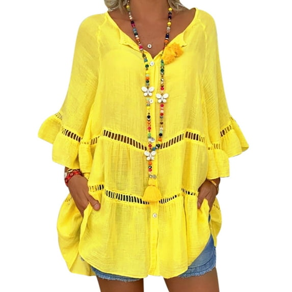Ladies Short Sleeve Button T Shirts Tunic Tops Women Summer Beach Plain Color Hollow Out Button Blouse Loose Long Top Yellow L(US 12-14)