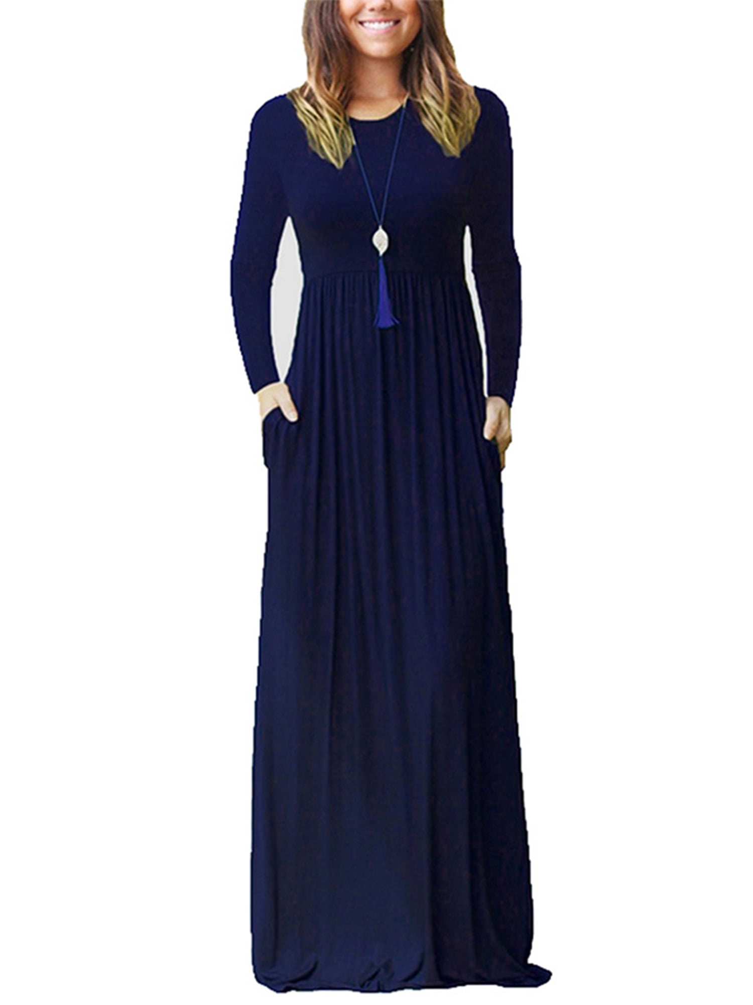 UKAP Fall Maxi Dress For Women Winter Boho Solid Pleated Long Sleeve Long Maxi Dress Party Cocktail Sundress Evening Dresses Office Work Tunic Long Dress Walmart