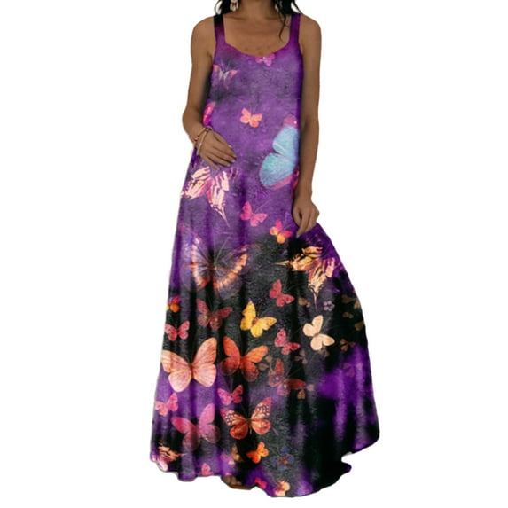 UKAP Floral Print Long Maxi Dress for Women Summer Casual Big Swing Dress Boho Loose Dress 14# Purple 2XL