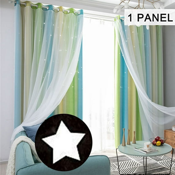 UKAP Green Gradient Grommet Room Darkening Curtain Panel Eyelet Blackout Window Curtain Thermal Insulated Window Drapes Hollow Out Star Curtain Valance For Kids Girl Bedroom-39" Width x 51" Length