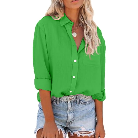 UKAP Ladies Casual Lapel Neck Tops Women Elegant Tunic Shirt Turn Down Collar Beach Long Sleeve Baggy Blouse Green L
