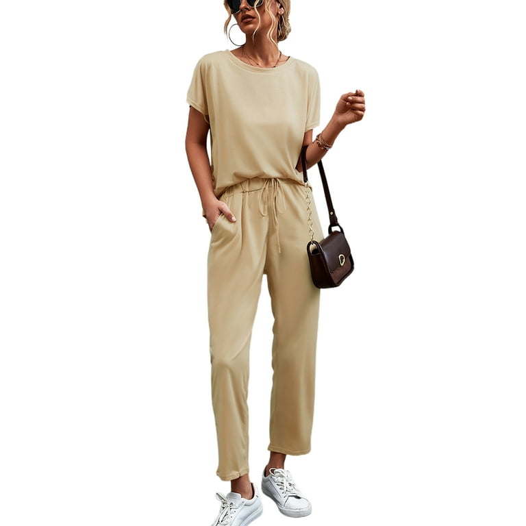 UKAP Ladies Summer Loungewear T-shirt Jogger Set Women Casual Lounge Sets  Short Sleeve Jogging Plain Tops Trousers with Pockets Sweatsuits 