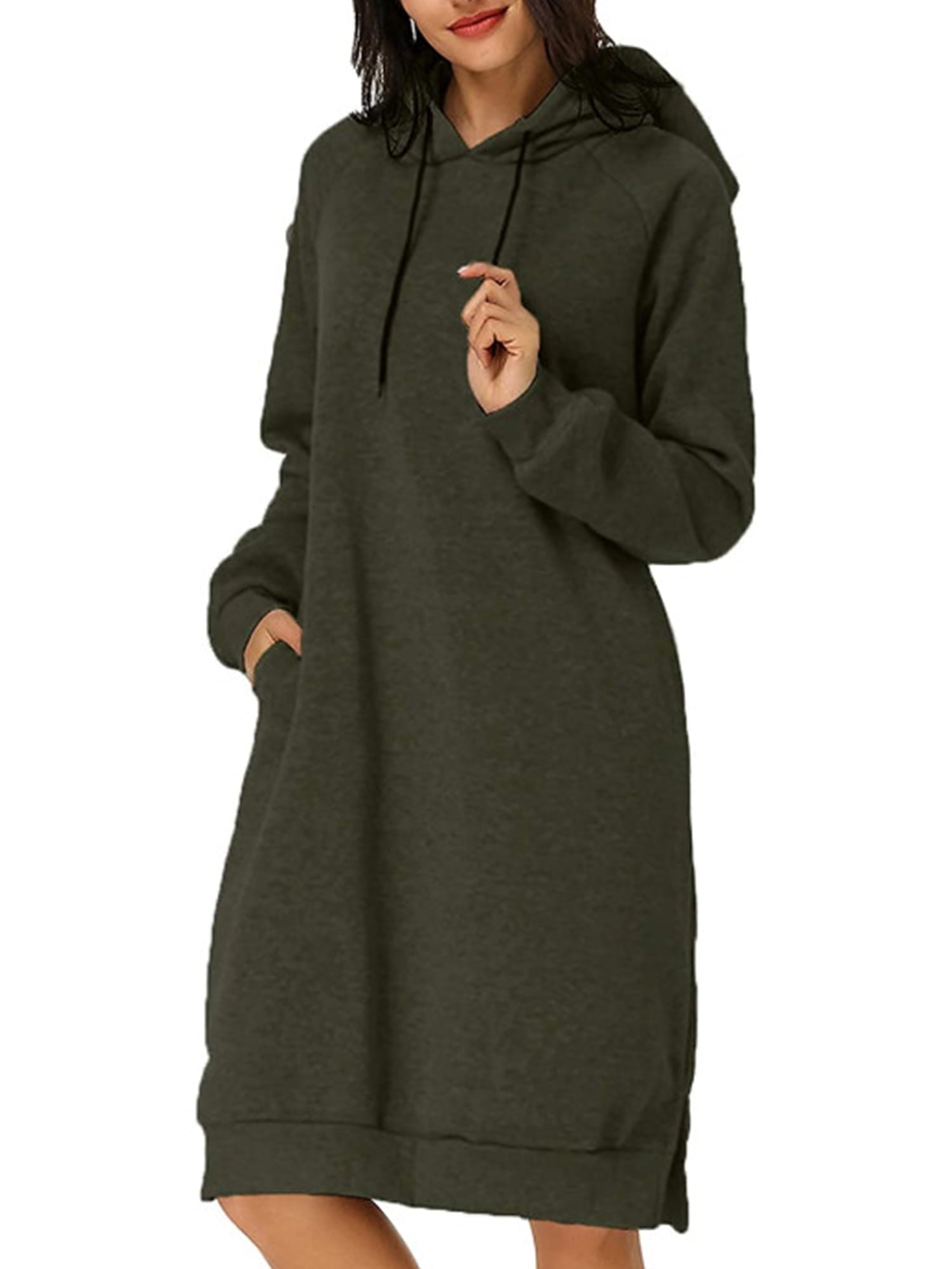 UKAP Long Sleeve Hooded Pockets Tunic Dress For Ladies Pullover Hoodie Dress  Tunic Sweatshirt Womens Long Sleeve Solid Color Tops Dress 
