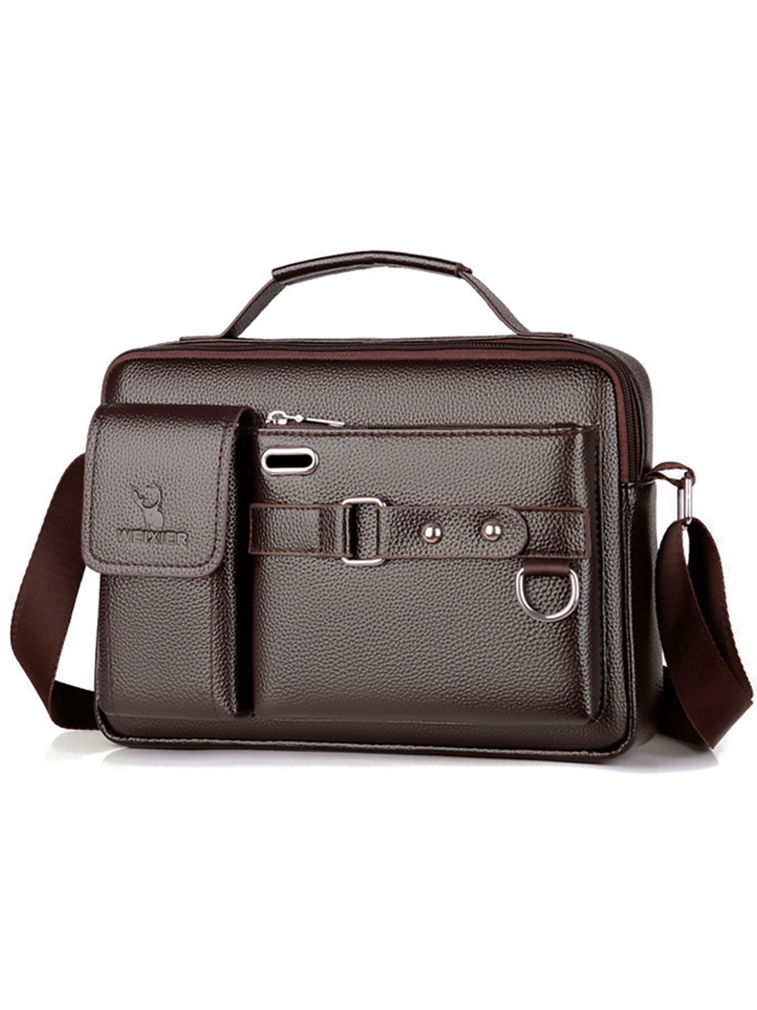 UKAP Men Multi Pocket Business Handbag Mens Fashion Messenger Satchels  Leather Utility Travel Briefcase Crossbody Bags Brown.