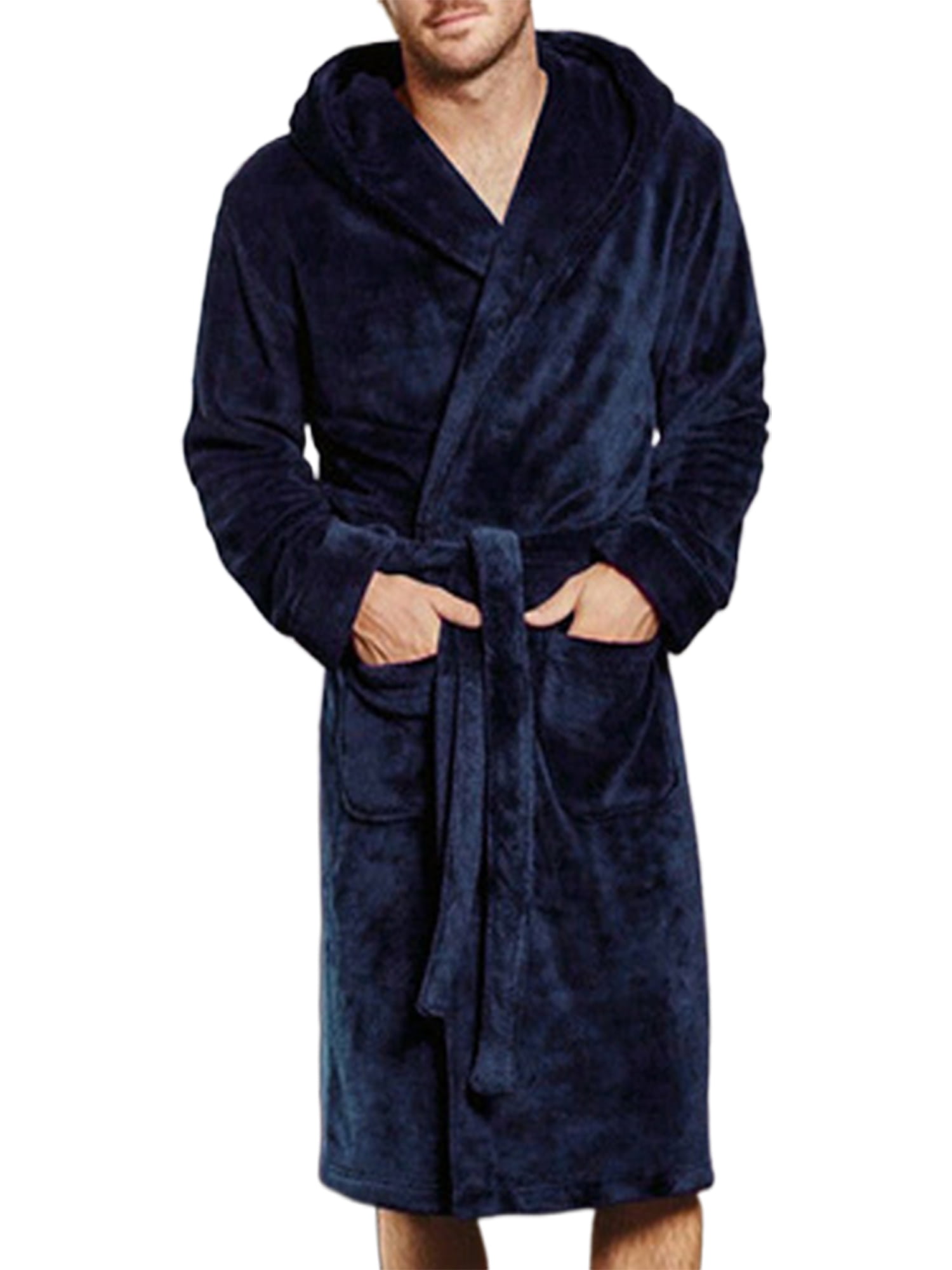 UKAP Men's Dressing Gown Hooded Nightwear Solid Color Wrap Robe Comfy ...