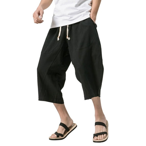 UKAP Mens Elastic Waist Casual Lounge Pajama Jogger Yoga Beach Pants Cotton Linen 3/4 Baggy Capri Trousers