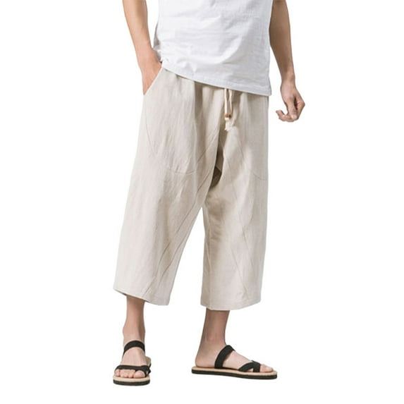 UKAP Mens Elastic Waist Casual Lounge Pajama Jogger Yoga Beach Pants Cotton Linen 3/4 Baggy Capri Trousers