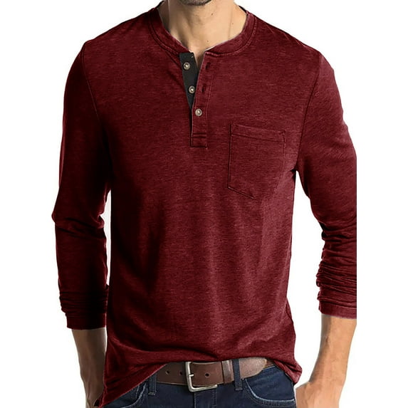 UKAP Mens Loose Fit Solid Color T Shirts Men Fashion Pullover Henley Daily Wear Front Pocket Plain Blouse Claret XL