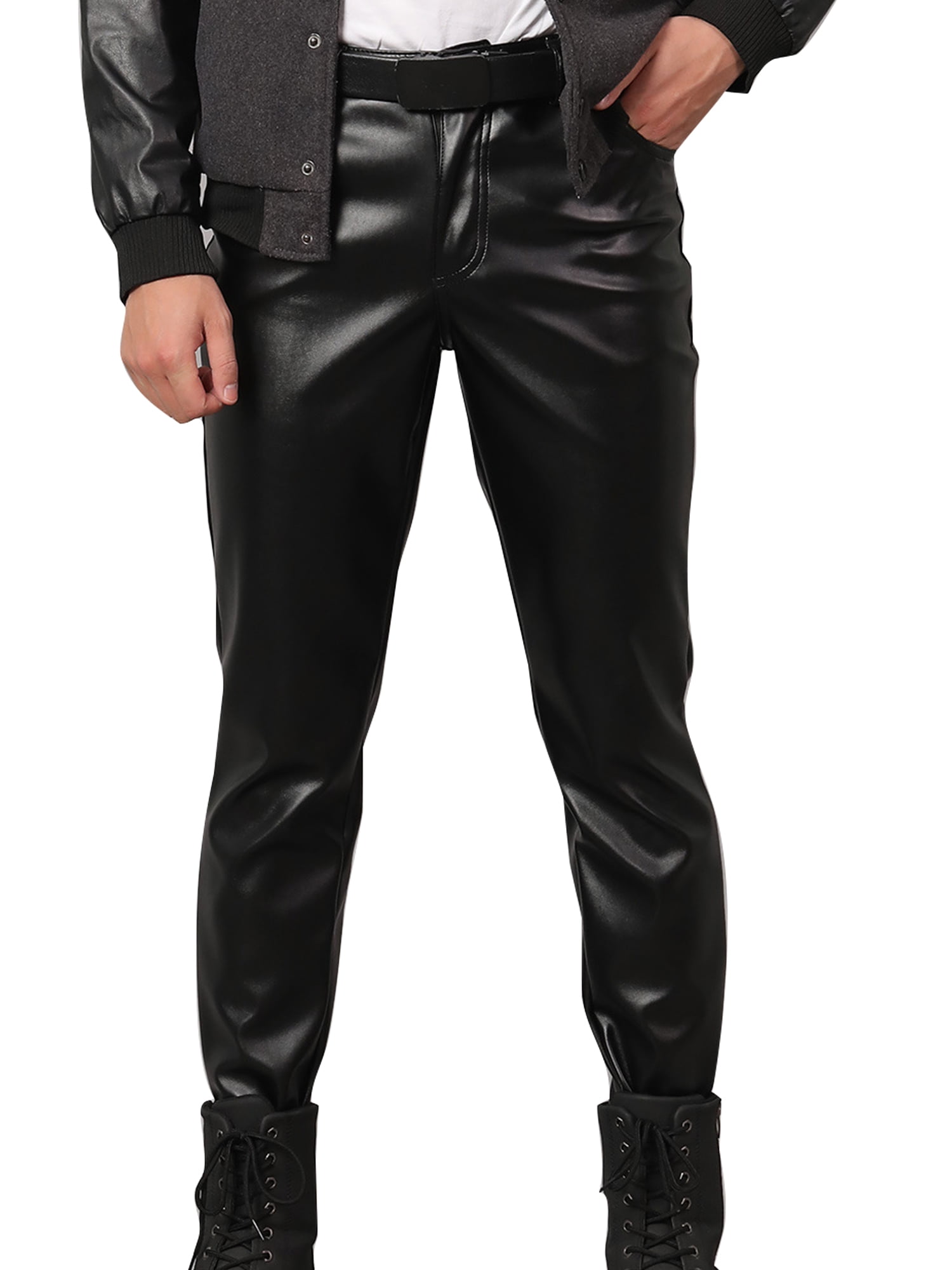 UKAP Mens Stretch Tapered Trousers Men Leisure Faux Leather Pant Solid