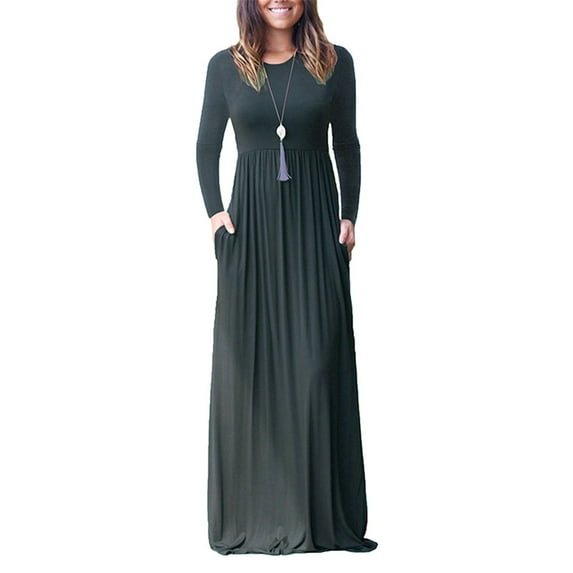UKAP New Long Sleeve Dress For Women Casual Long Dress Solid Color Fall Wintre Basic Outfit Maxi Dress with Pocket Evening Party Wrap Long Dresses