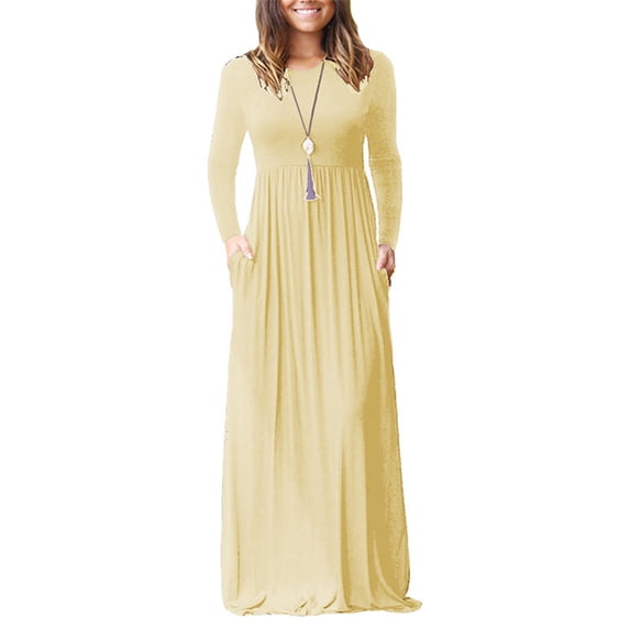 UKAP New Long Sleeve Dress For Women Casual Long Dress Solid Color Fall Wintre Basic Outfit Maxi Dress with Pocket Evening Party Wrap Long Dresses