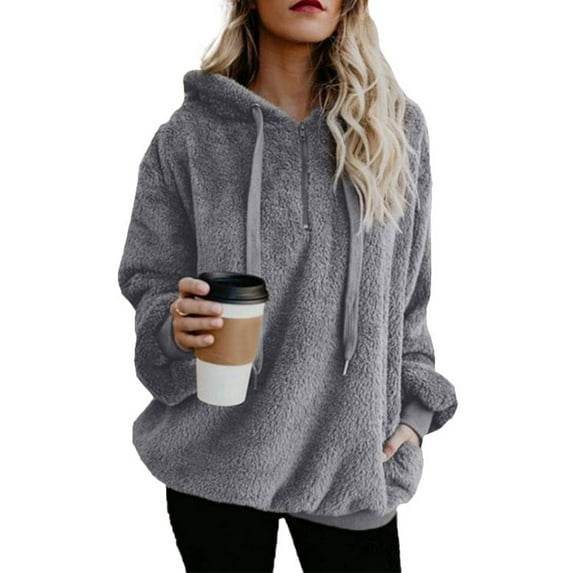 UKAP Plus Size Casual Hoodie Jumper for Women Hooded Pullover 1/4 Zipper Fleece Sweater Winter Fluffy Coat Comfy Warm Sweatshirt with Pockets