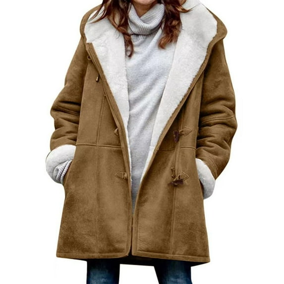 UKAP Plus Size Jackets for Women Winter Fuzzy Fleece Parka Horn Buckle Hooded Jackets Warm Coat with Pockets