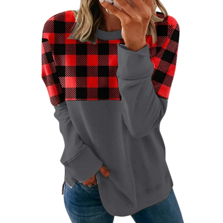 UKAP Plus Size Women Comfy Sweatshirt Vintage Crew Neck Buffalo