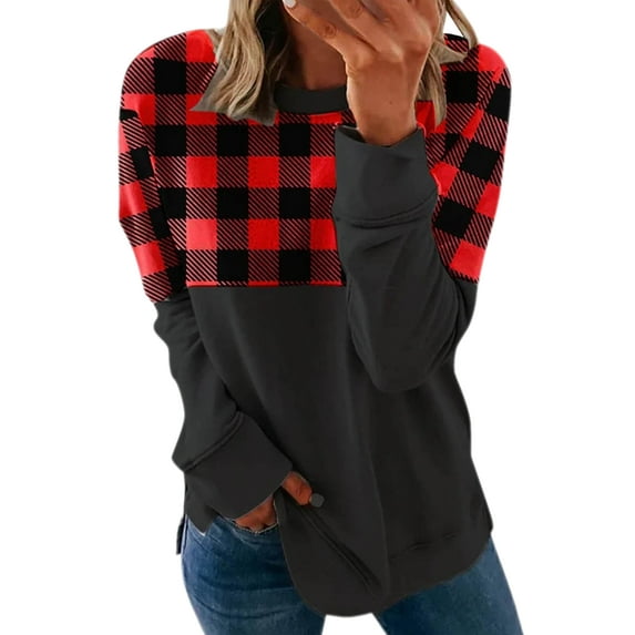 UKAP Plus Size Women Comfy Sweatshirt Vintage Crew Neck Buffalo Plaid Splicing Pullover Tops T-Shirt Blouse
