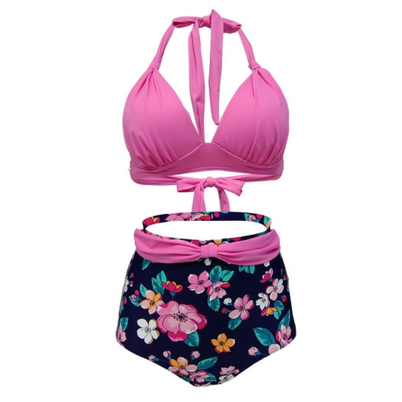 UKAP Plus Size Women Floral High Waist Bikini Set Swimsuit Swimwear Bathing Suit Tummy Control Halter Lace Up Bra Tops Summer Two-piece Swimming Set S-XXXL