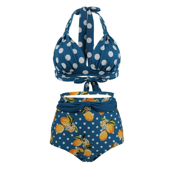 UKAP Plus Size Women Floral High Waist Bikini Set Swimsuit Swimwear Bathing Suit Tummy Control Halter Lace Up Bra Tops Summer Two-piece Swimming Set S-XXXL